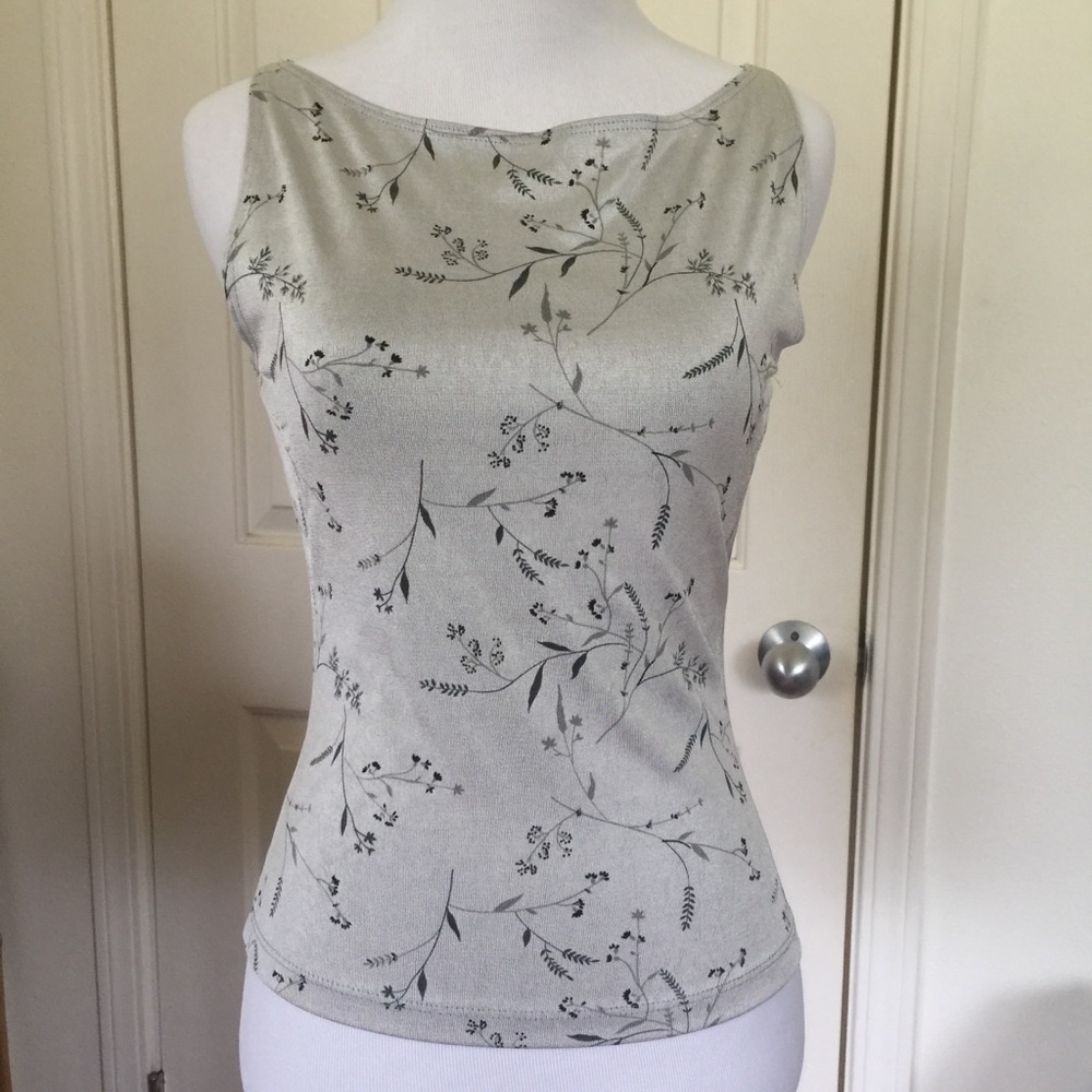 Silver & black dressy sleeveless top: plant design